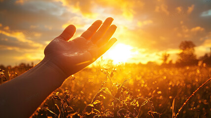 A hand reaching out towards golden sunset, symbolizing hope and connection