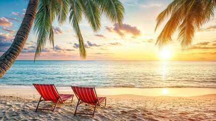 Tropical beach sunset with lounge chairs