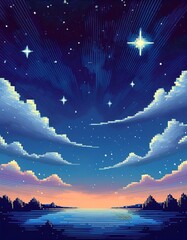 Wall Mural - Pixel Art Evening Sky: Minimal Transition from Blue to Black - Simple and clean pixel art illustration of the night sky with a smooth color gradient. Graphic art illustration