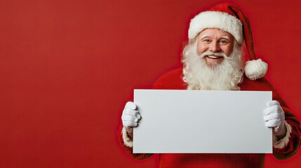 Santa Claus with a blank banner in the hands, happy face expression, isolated on plain red background with copy space.