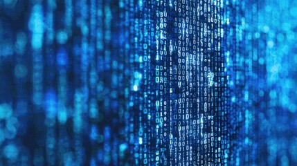 A digital display of cascading binary code on a blue background, representing data and computing.