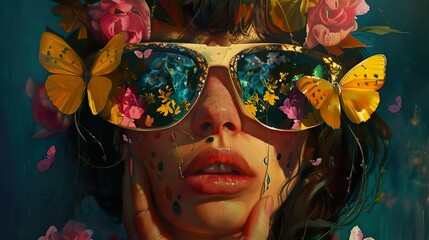 Wall Mural - surreal portrait of a woman with flowers and butterflies