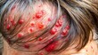 © Four888 - Close-up of inflamed, red, and pus-filled skin lesions on the scalp, with surrounding skin appearing dry, flaky, and irritated, evoking a sense of discomfort and pain.