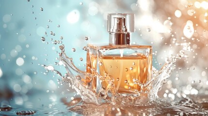 Leinwandbilder - Transparent perfume bottle with water splash on bright background Close-up photo with clean background