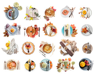 Sticker - Many beautiful table settings for Thanksgiving Day on white background