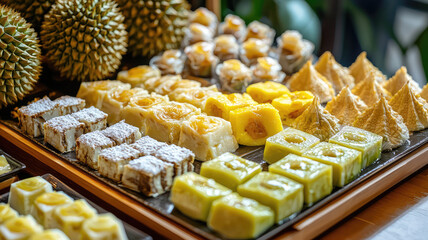 Delightful dessert platter featuring variety of durian treats and sweets