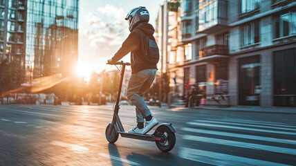 A rider on an electric scooter enjoys sunny urban ride, showcasing futuristic helmet