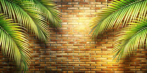 Sticker - Abstract summer background with palm leafs and brick wall