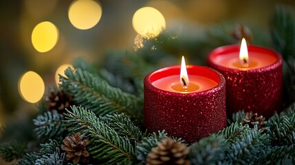 Wall Mural - Close-up of two red candles on a green pine wreath