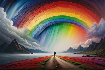 Poster - landscape with rainbow, abstral background with paint