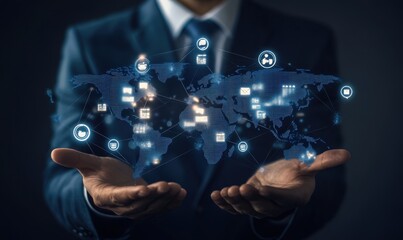 A businessman holds a map of the world with social network icons on a dark background, representing the concept of online business Generative AI