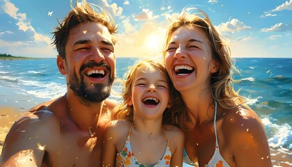 Wall Mural - Joyful family exuberantly enjoying a sunny summer day on a golden Baltic beach with diffuse sunlight illuminating the scene