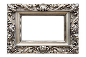 silver frame, retro, details, isolated frame, vintage picture frame, intricate, A vintage silver picture frame with intricate details and a shiny finish isolated on a white background