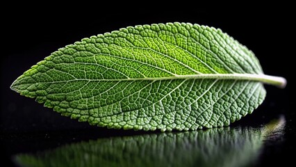 Close up photo of a clary sage leaf isolated on a black background captured at a tilted angle, skincare, medicinal, Salvia sclarea, ingredient, tilted angle, herbal, nature,clary sage