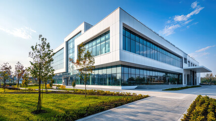 Wall Mural - Modern hospital building with large glass windows and green surroundings