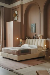 Wall Mural - A cozy bedroom interior in a contemporary design. The room is painted in pastel brown and features a large double bed.