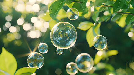 Wall Mural - Floating soap bubbles shimmer in sunlight among vibrant green leaves, creating magical atmosphere