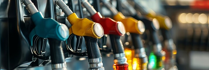 Close-up of colorful fuel pump nozzles at a gas station.