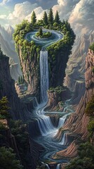 A mountain range with a waterfall in the middle