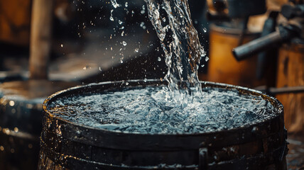 Water splashing into barrel creates dynamic scene of movement and energy