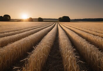 a wheat field during golden hour, with the warm sunlight casting long shadows over the golden stalks