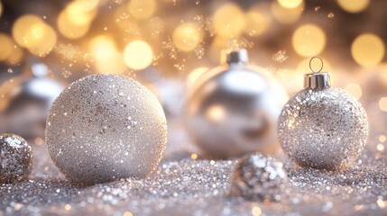 Silver and glittery Christmas ornaments on snow with soft golden festive lights