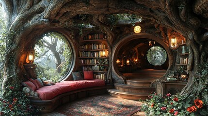 luxury treehouse interior, wizard style