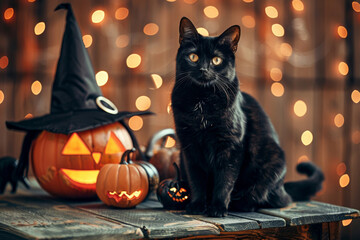 Black cat on table next to several pumpkins with carved faces and witch hat on blurred background with bokeh, festive greeting for Halloween holiday