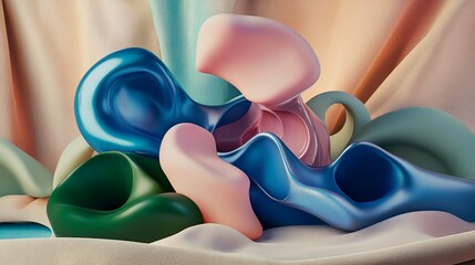 Abstract organic shapes in pastel colors with soft flowing curves on a textured background, digital 3D illustration