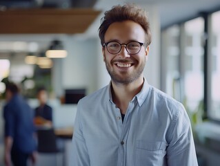 Wall Mural - Smiling businessman in a casual shirt and glasses, posing in a contemporary office with a conference room backdrop, looking directly at the camera.