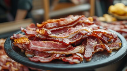 many delicious bacon on dish