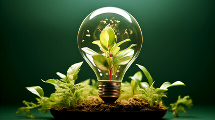 Eco-Friendly Lightbulb with Green Plants on a Vibrant Background, Symbolizing Renewable Energy, Sustainability, and the Future of Clean Power