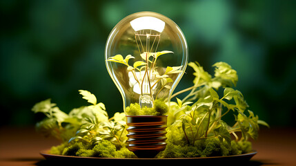 Eco-Friendly Lightbulb with Green Plants on a Vibrant Background, Symbolizing Renewable Energy, Sustainability, and the Future of Clean Power