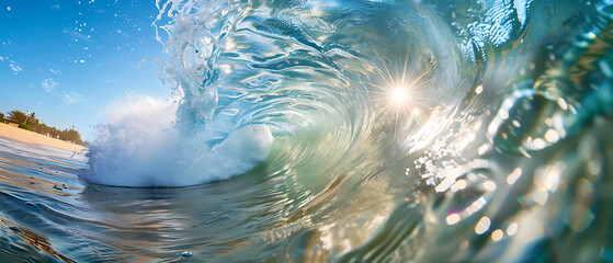 Poster - a stunning moment inside a large, curling wave just before it breaks. Sunlight filters through the water, creating a beautiful, translucent effect