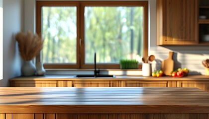 Radiant modern kitchen adorned with wooden countertops, basking in natural light from a sunny window, featuring vibrant colors and warm tones in a close-up view