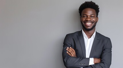 Wall Mural - A Smiling man in a sleek casual suit, arms crossed confidently against a solid gray background, with ample space for text.