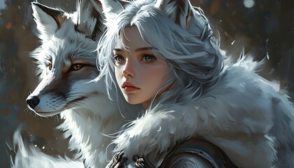 Wall Mural - Enchanted summoner with silver hair and her loyal silver fox protector in a captivating fantasy landscape