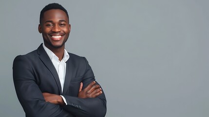 Wall Mural - Handsome young man in a sleek casual suit, arms crossed confidently against a solid gray background,.