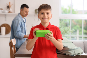 Sticker - Little boy with school lunchbox in kitchen