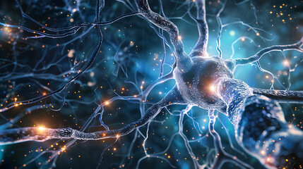 Wall Mural - a close-up view of a neuron with its dendrites extending outwards. The neuron and dendrites are illuminated, suggesting electrical activity