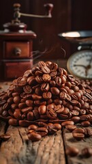 Close up view of heap of aromatic roasted coffee beans