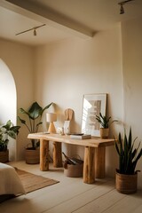 A warm white bedroom with a contemporary style. The room has a natural wooden table, a few pieces of furniture, and a few plants.