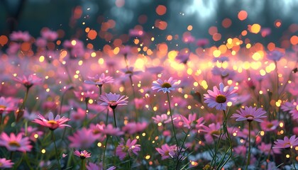 Wall Mural - Dreamy pink daisy field glimmering with bokeh and soft light in a misty morning wildflower meadow