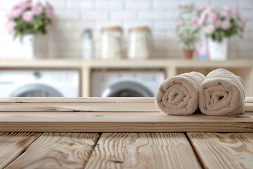 A white towel is folded on a wooden cutting board.,