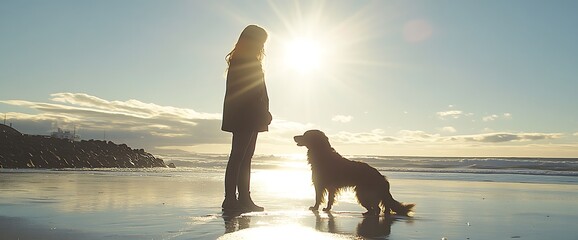 Wall Mural - Silhouette of a woman and her dog standing on a beach at sunset.