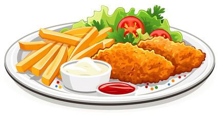 Poster - a delicious meal featuring a breaded fried chicken cutlet, a serving of French fries, and a side salad with lettuce and a slice of tomato