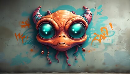 Wall Mural - Whimsical Graffiti Art Featuring Cartoon Faces and Alien Imagery Created with Generative AI