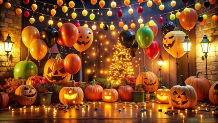 Spooky decorations, twinkling lights, and colorful balloons set the eerie atmosphere for a thrilling Halloween celebration on the spooky 31st night of October.