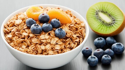 Wall Mural - This bowl features granola generously topped with blueberries, slices of kiwi, and oranges, perfectly arranged against a rich wooden background for a refreshing breakfast option