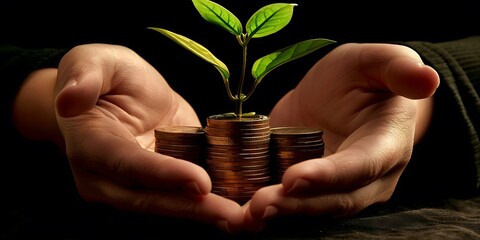 A realistic image showing hands safeguarding a small plant growing from a coin stack, highlighting the concept of financial care and investment growth.